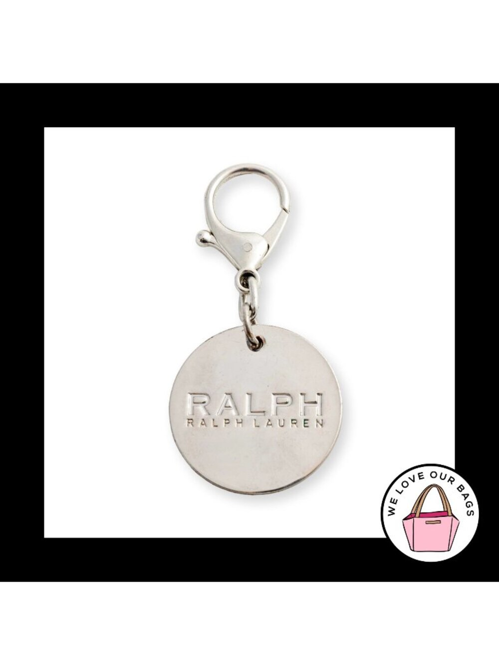 RALPH LAUREN Bag Charm Round Silver Metal Clip Clasp Hang Tag Keychain Fob